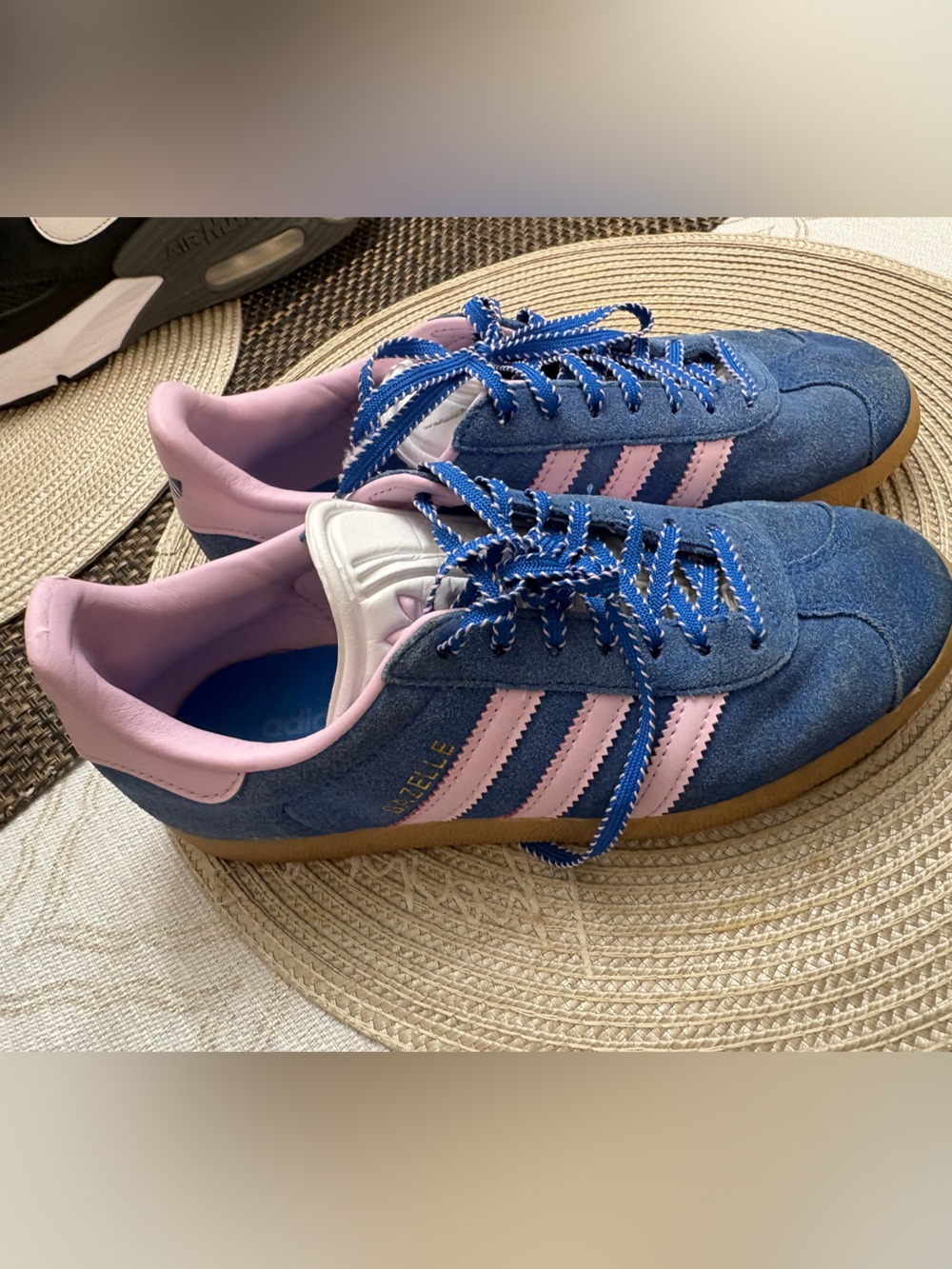 adidas Blue Suede Sneakers with Pink Stripes